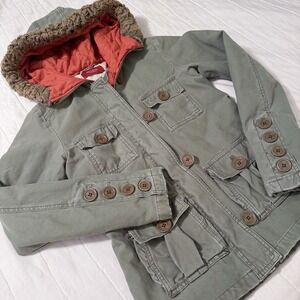 Vintage‎ Y2K Hollister Cargo Army Jacket Womens M Parka Coat Army Green Fur Hood